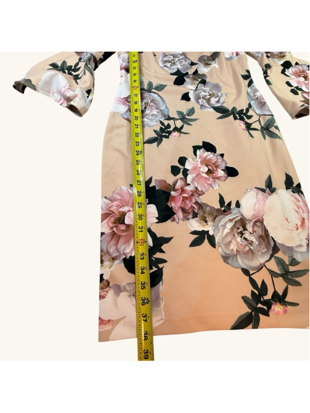 Calvin Klein Floral Dress Size 8 Beige Pink Rose Print Bell Sleeve Sheath - Picture 6 of 8